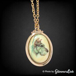 Vintage Gold Tone Porcelain Schnauzer Pendant Necklace Dog Portrait 16 Inch